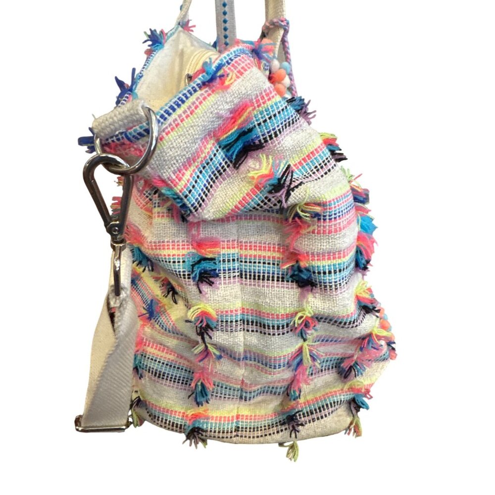 America & Beyond Boho Weekender Tote Bag Pouch Set Pom Tassel Stripe Beaded - Picture 16 of 16